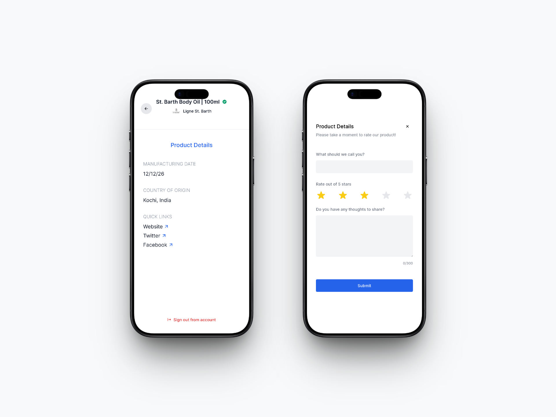 Brand details & feedback/rating screen